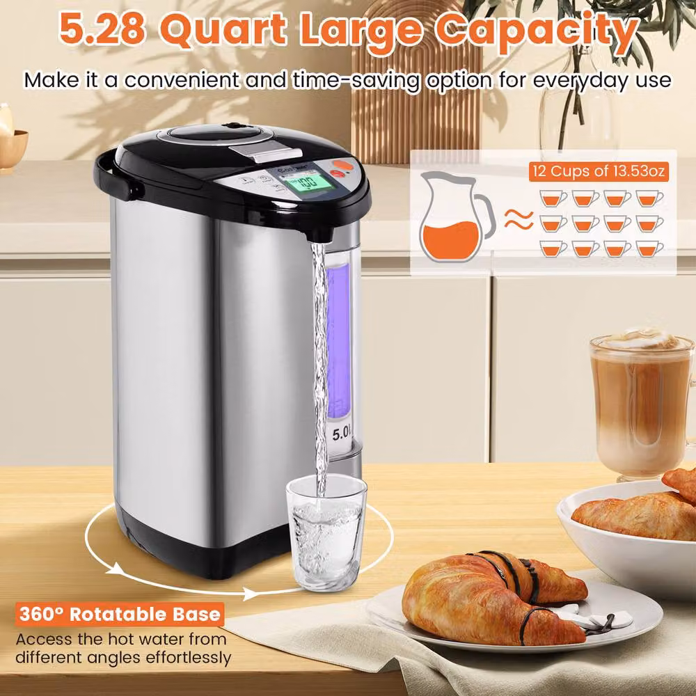Costway Instant Hot Water Dispenser Thermo Pot with 5 Temperature Settings, 5L Capacity, Silver and Multicolour – 7