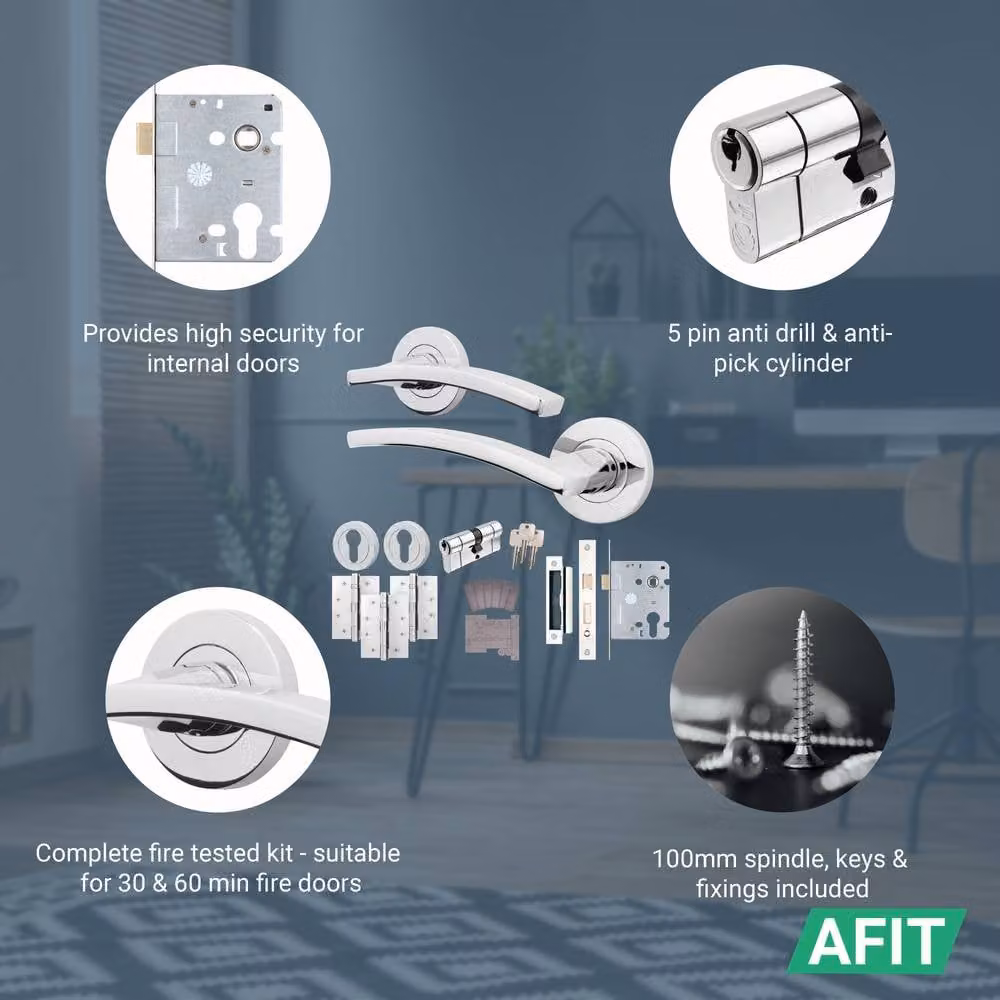 AFIT Polished Chrome Fire Door Handle and Euro Lock Cylinder Set with Silver Hinges, W/D/H: 15 x 15 x 15 cm – 2