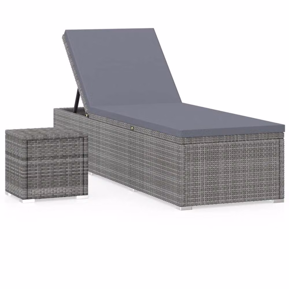 Berkfield Home Grey Poly Rattan Sun Lounger with Weatherproof Cushion and Tea Table – 2