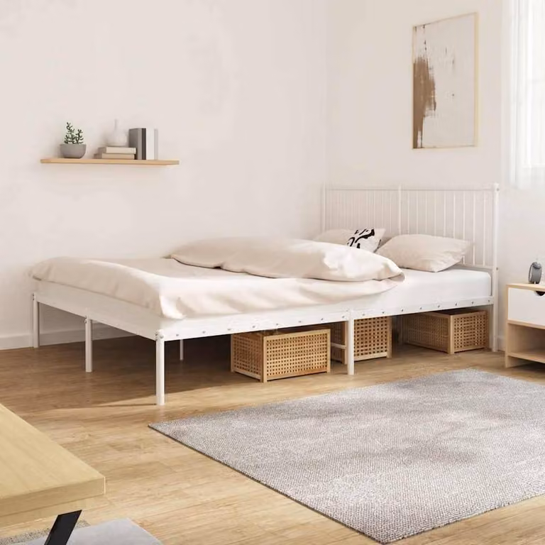 Berkfield Home Metal Bed Frame with Headboard in White, W/D/H: 160 x 200 cm