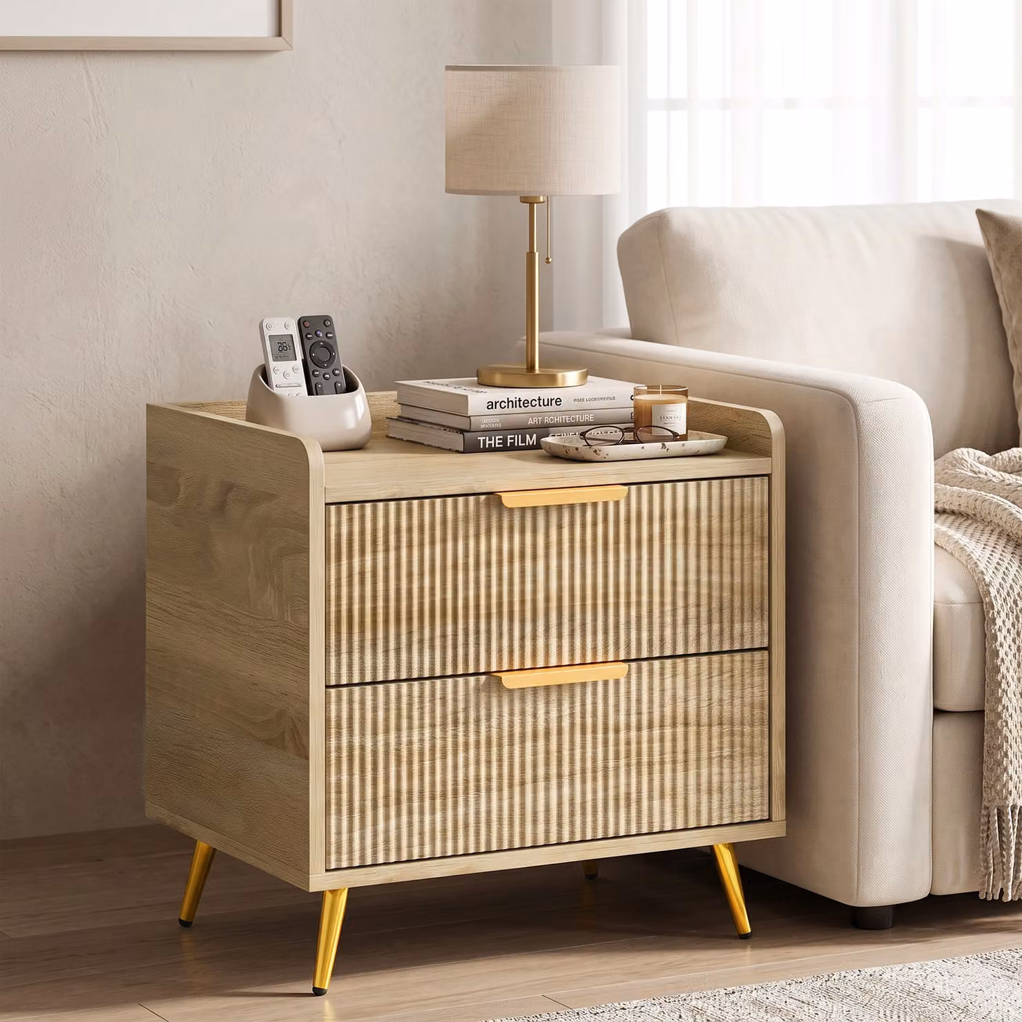 HOMCOM Bedside Table with 2 Drawers and Metal Legs in Brown and Gold Finish – 2