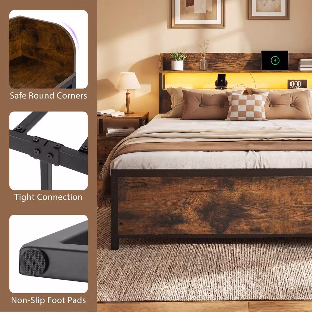 Gymax King Size Platform Bed Frame in Brown with LED Lights, USB Charging Ports and Storage Headboard – 8