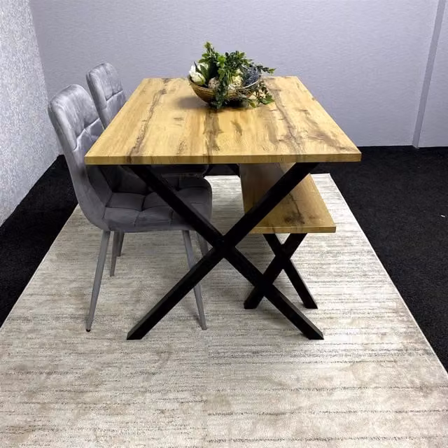 Kosy Koala Industrial Dining Set with Rectangular Wood Table, Stone Bench and 2 Grey Chairs