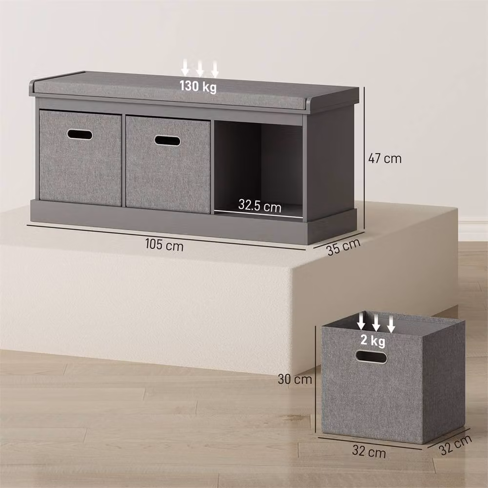 SPETLEK Shoe Storage Bench with Seat and Fabric Drawers in Grey – 2