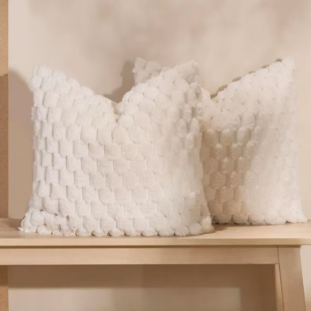 OHS Pack of 4 Square Waffle Fleece Faux Fur Cushion Covers in Beige, Yellow and White