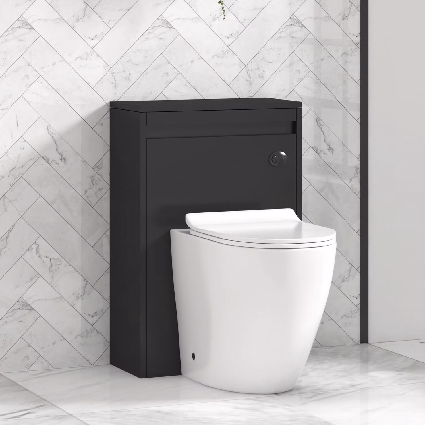 Royal Bathrooms Orion 540mm Matt Obsidian Black BTW WC Unit with Elva Rimless Short Projection Ceramic Toilet Pan, Slim Soft Close Seat and Cistern with Black Accent Trim
