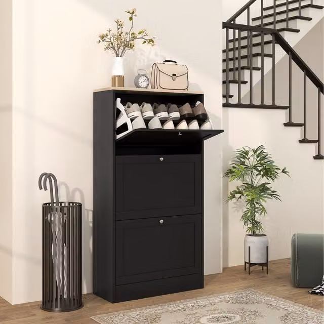 HOMCOM Modern Narrow Black Shoe Cabinet with 3 Tilting Compartments and Internal Shelves