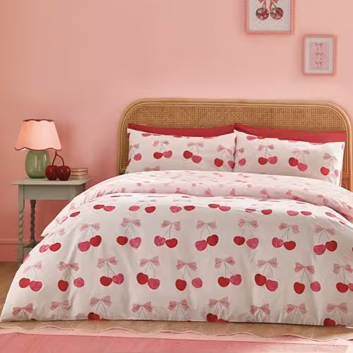 Catherine Lansfield Cherries and Bows Reversible Double Duvet Cover and Pillowcase Set, Pink, Duvet Cover: 200 x 200 cm, Pillowcases: 50 x 75 cm