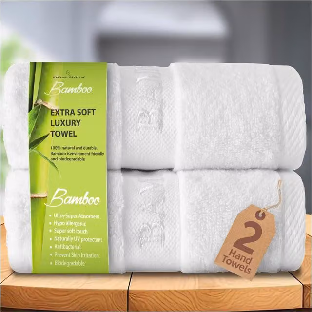 Gaveno Cavailia 2 Pack Large White Bamboo and Cotton Bath Towels, 70 x 120 cm, 500 GSM