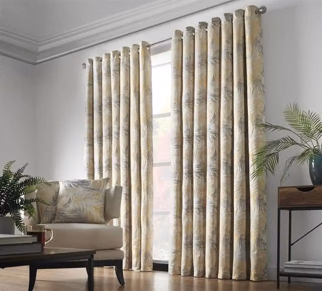 Luxor Living Fern Jacquard Floral Ready Made Eyelet Curtains in Yellow, Width: 168 cm, Drop: 183 cm – 1