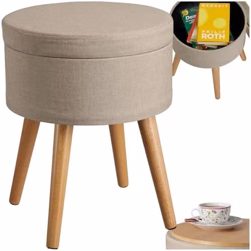 tectake Yara Round Storage Stool in Sand Fabric with Beech Legs, W/D/H: 45.5 x 45.5 x 42.5 cm – 1