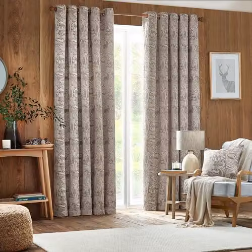 Furn Winter Woods Chenille Eyelet Curtains with Animal Pattern in Taupe, Width: 168 cm, Drop: 183 cm, 2 Panels – 2