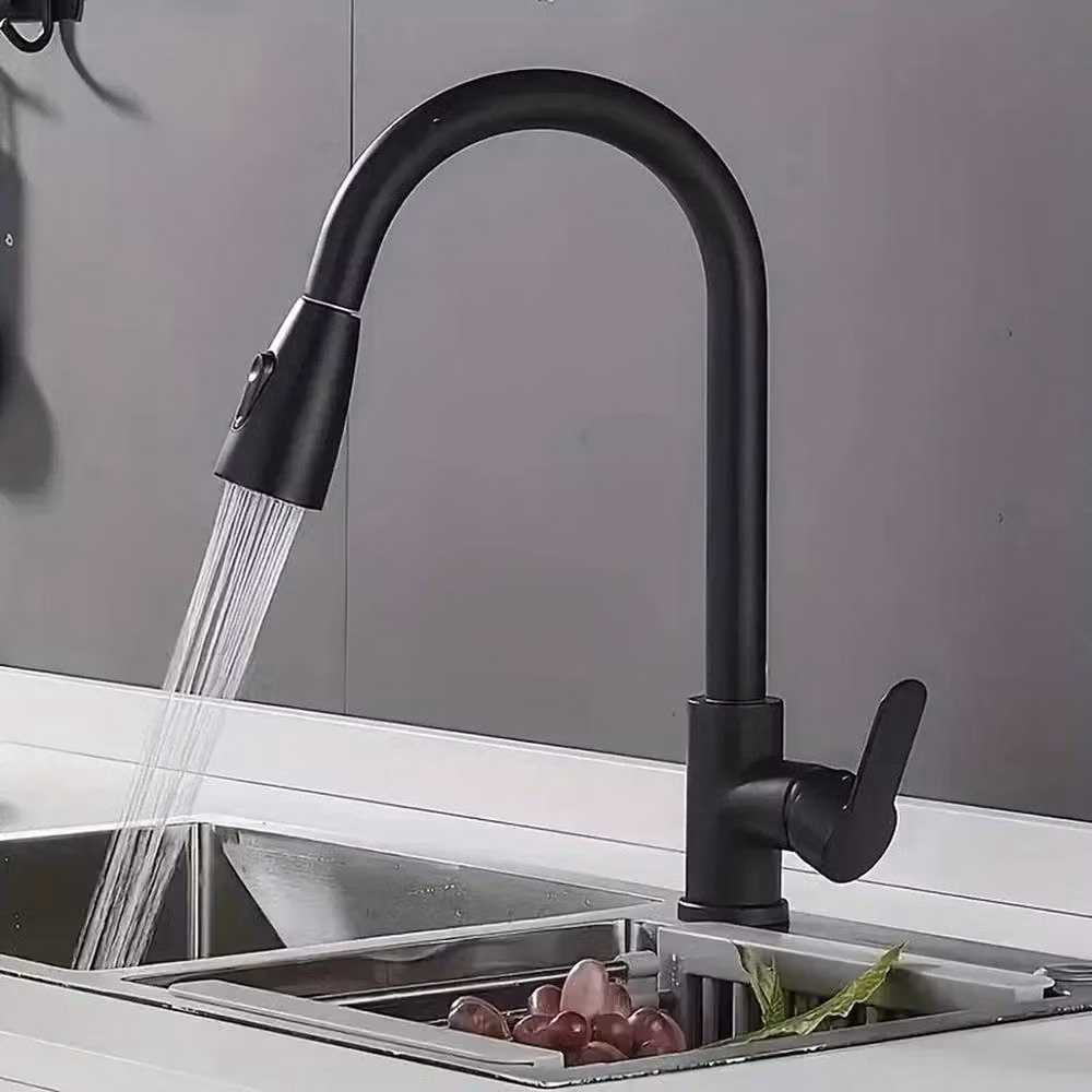FORIOUS Matt Black and Silver Stainless Steel Single Lever Kitchen Sink Mixer Tap with Pull Out Spray Swivel Spout – 2