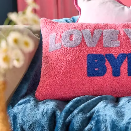 OHS Love You Bye Slogan Graphic Cushion in Pink and Blue – 3