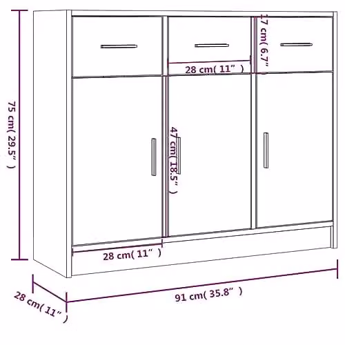 vidaXL Classic Sideboard in Smoked Oak, Brown Engineered Wood, W/D/H: 91 x 28 x 75 cm – 3