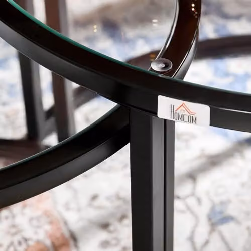 HOMCOM Set of 2 Round Nesting Coffee Tables with Black Glass Tops and Metal Frames – 6