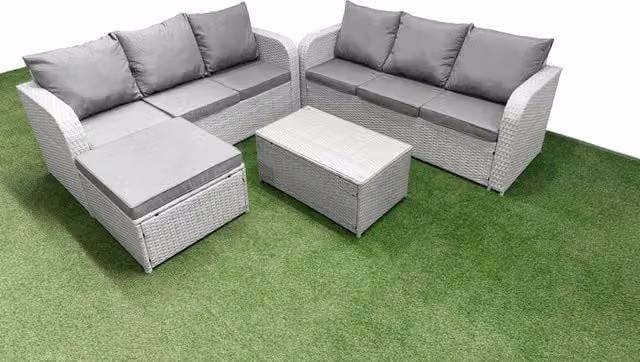 Fimous 7 Seater Grey Wicker Rattan Garden Furniture Set with High Back Sofa, Coffee Table and Ottoman
