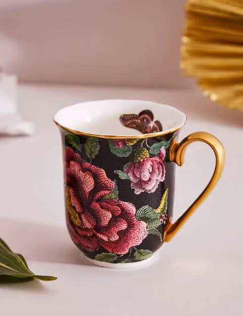 Spode Creatures of Curiosity Floral Bone China Mug in Black and Gold