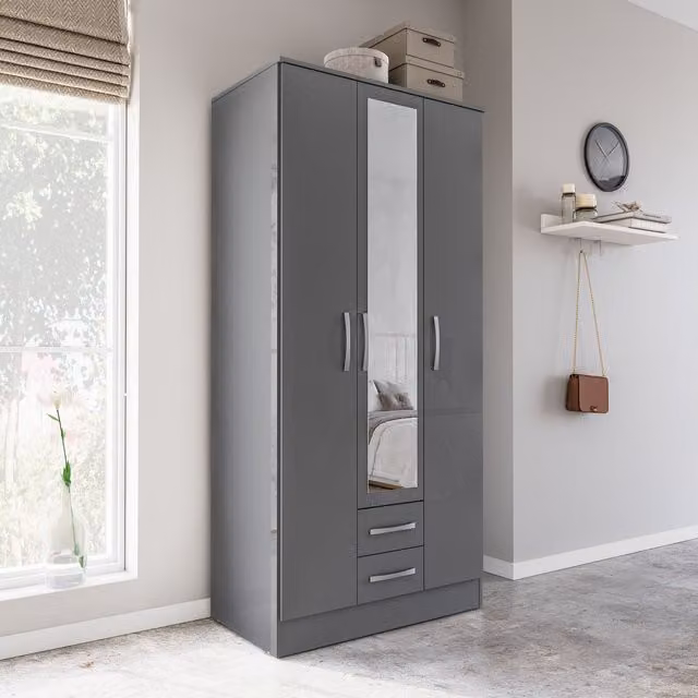 Birlea Lynx Grey High Gloss 3 Door 2 Drawer Mirrored Triple Wardrobe – 1