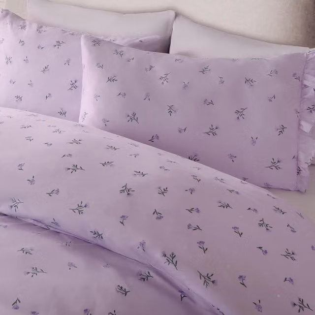 OHS Floral Frill Duvet Cover Set in Purple and Green, Vintage Nature Design, W: 200 cm x H: 200 cm