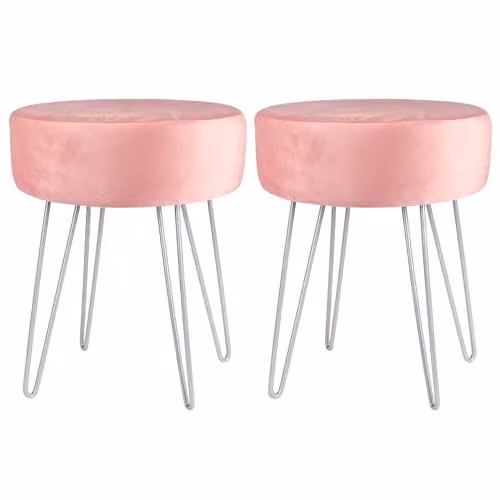 Harbour Housewares Pink Velvet Round Footstools with Silver Legs, Pack of 2, H41 x D45 cm – 1