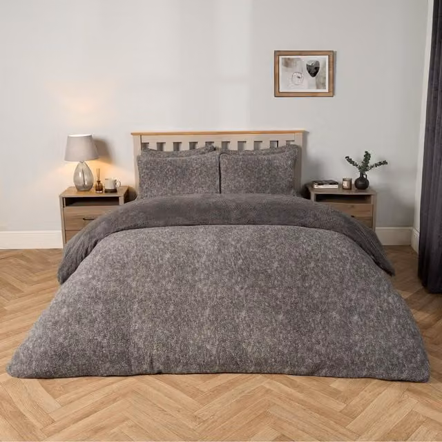 OHS Grey Plain Teddy Marl Fleece Duvet Cover and Pillowcase Set
