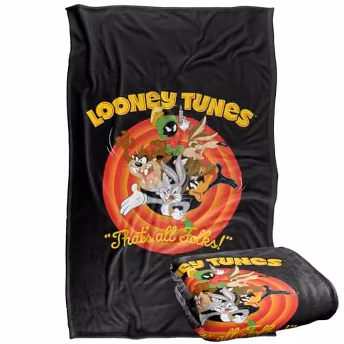 Warner Bros. Looney Tunes That's All Folks Super Soft Silky Touch Fleece Throw Blanket, Multicolour, W/D/H: 91 x 147 cm