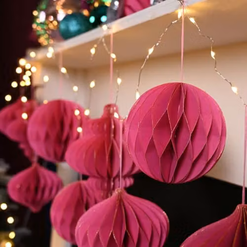 Widdop and Co Set of 2 Pink and Gold Geometric Paper Christmas Baubles, Diameter: 15 cm – 3
