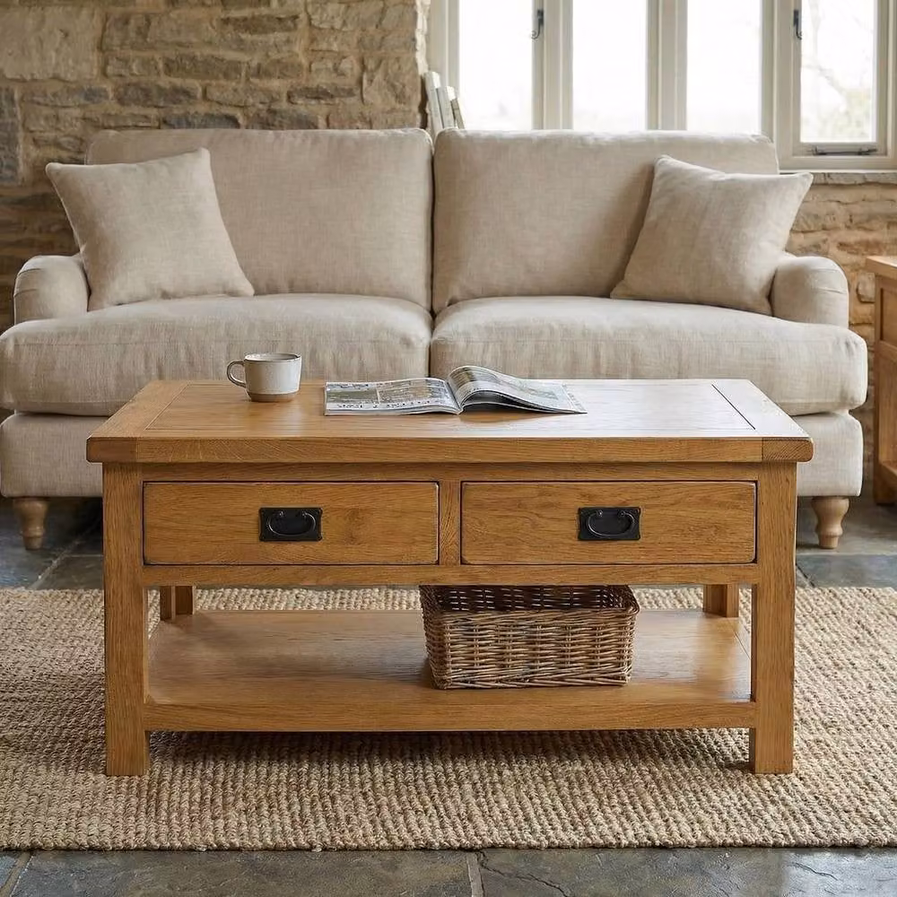 FORGEVIO Rustic Oak Coffee Table in Light Oak with 2 Drawers – 2