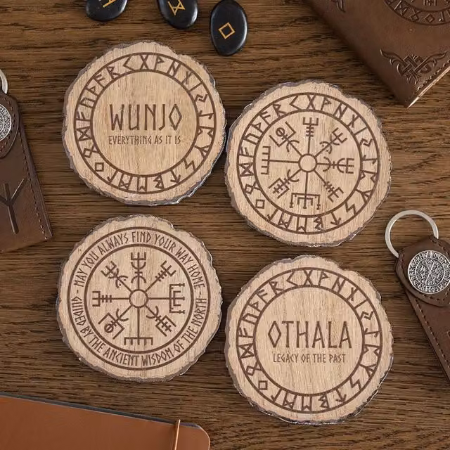 Uniqueful Set of 4 Round Brown Wood Slice Coasters with Norse Mythology Designs