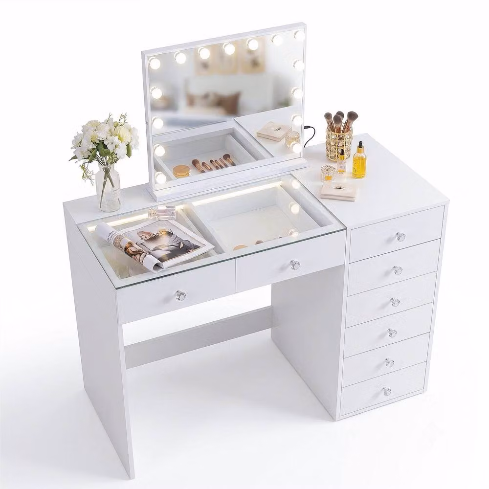 FENCHILIN 8-Drawer White Glossy Dressing Table with 15 LED Hollywood Mirror – 2