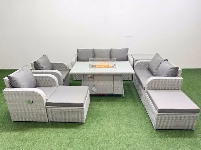 Fimous Grey PE Rattan Garden Furniture Set with Reclining Chairs, Double Love Seat, Firepit Dining Table, Two Footstools and Side Table