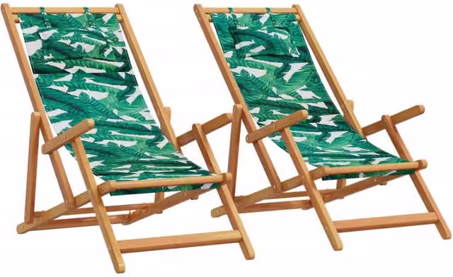 Berkfield Home Set of 2 Folding Beach Chairs with Green Leaf Pattern Fabric and Treated Solid Wood Frame