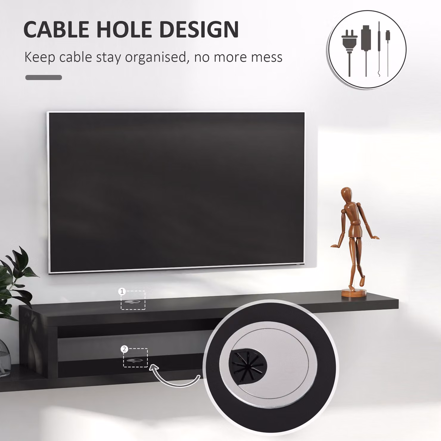 HOMCOM Black Wall Mounted Media Console and Floating TV Stand Entertainment Unit – 4