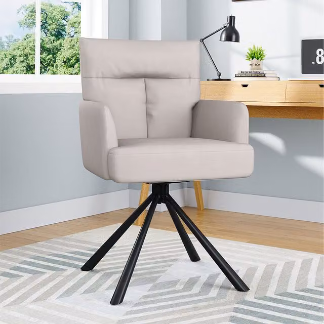 Komore Modern Upholstered Swivel Armchair with Armrests in Beige and White Fabric