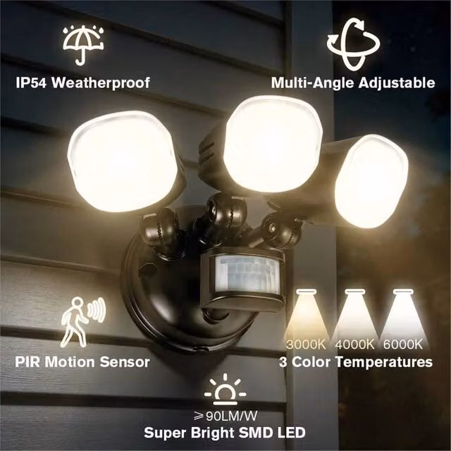 NESTLUNE 200W 3-Head LED Outdoor Motion Sensor Security Floodlight in Black