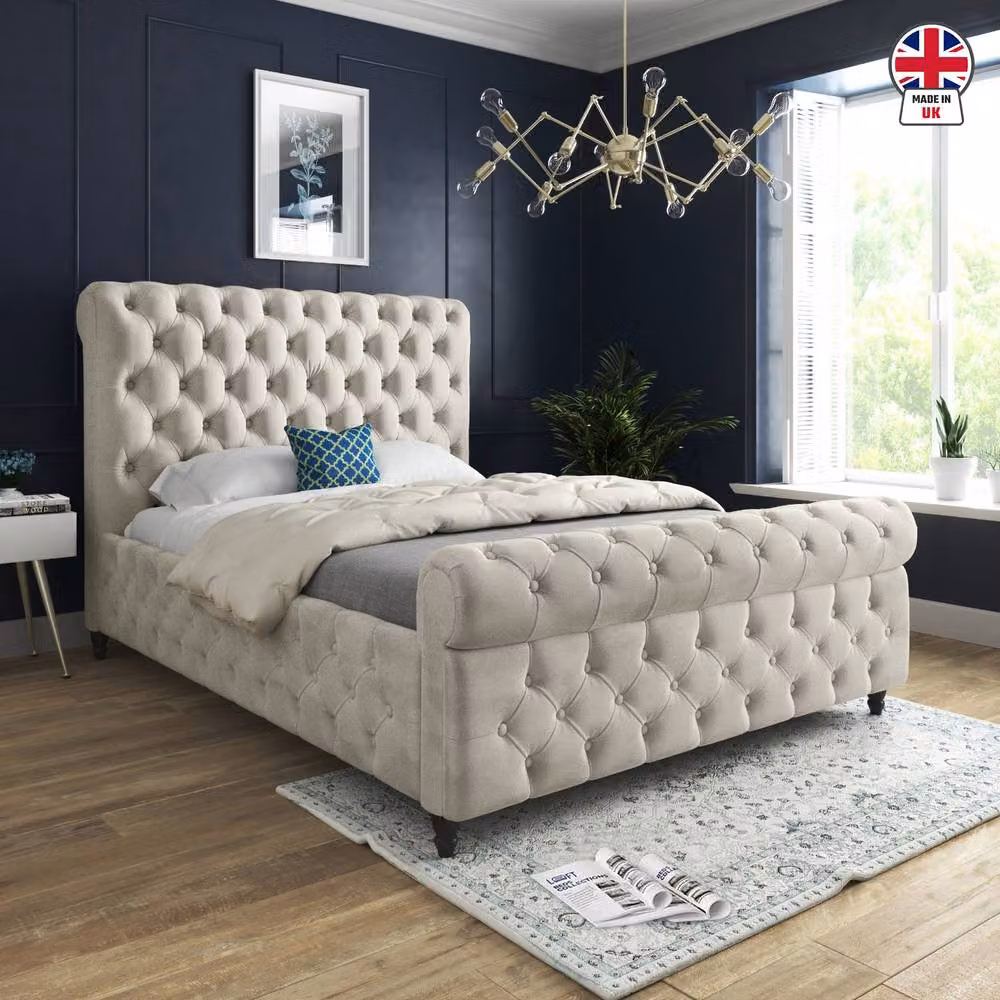 KDMD Tiddington Sleigh Upholstered Bed Frame in Beige Soft Velvet, Small Single – 3