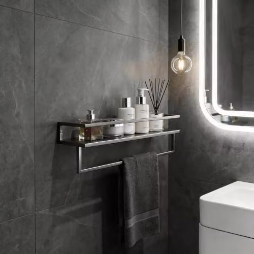 OHS 2 Tier Wall Mounted Towel Rail with Shelf, Silver, W: 45 cm, D: 15 cm, H: 12 cm – 2
