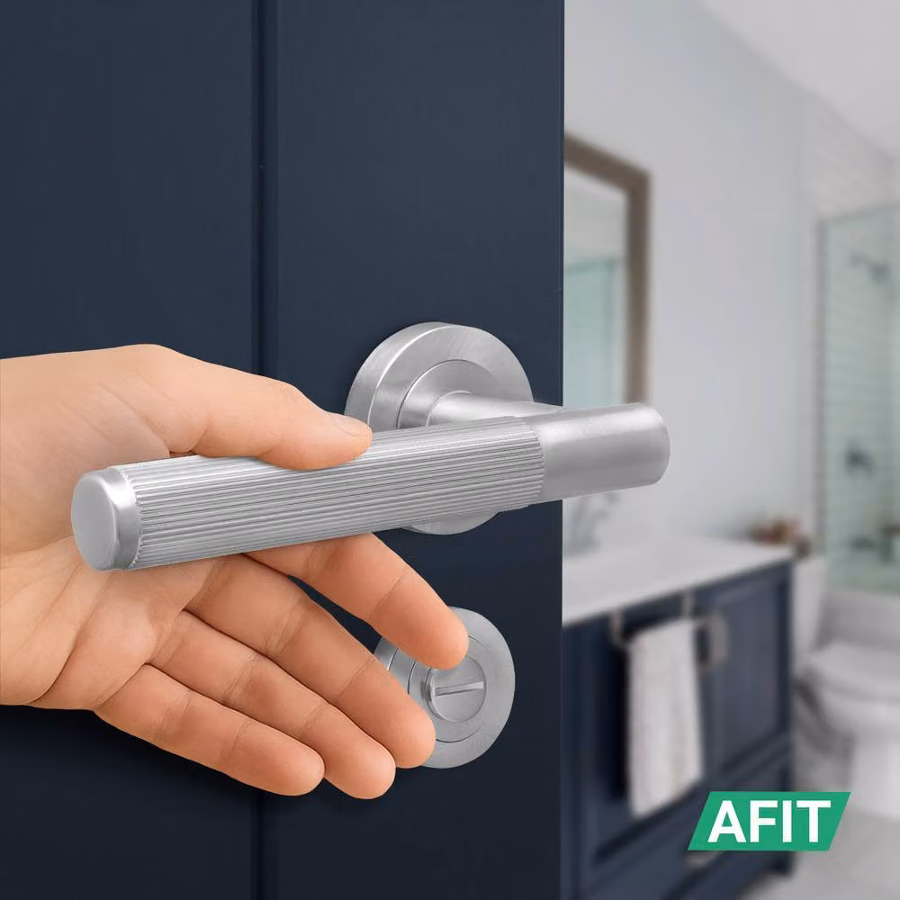 AFIT Satin Nickel Bathroom Fire Door Handle Set in Silver with Hinges and Lock – 3