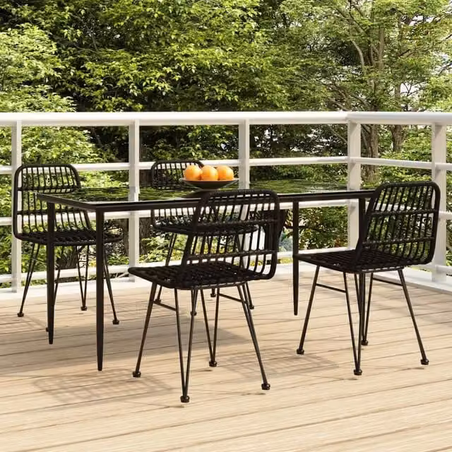 Berkfield Home 5 Piece Black Poly Rattan Garden Dining Set with Glass Top Table