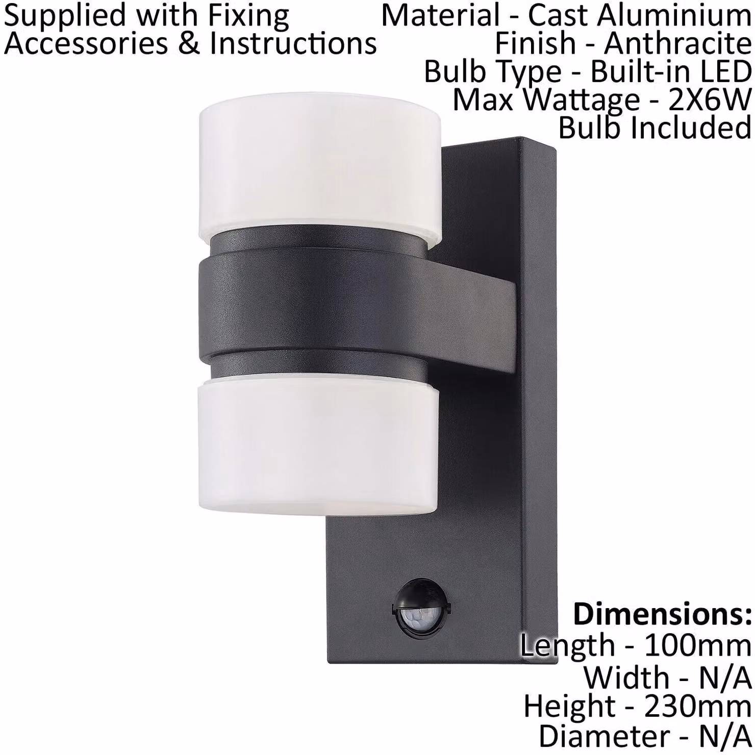 Loops 2 Pack Anthracite Aluminium Outdoor LED Wall Lights with PIR Motion Sensor and IP44 Rating – 2