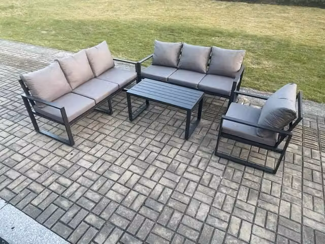 Fimous 7 Seater Aluminium Garden Furniture Set in Dark Grey with Outdoor Sofa, Armchairs and Coffee Table