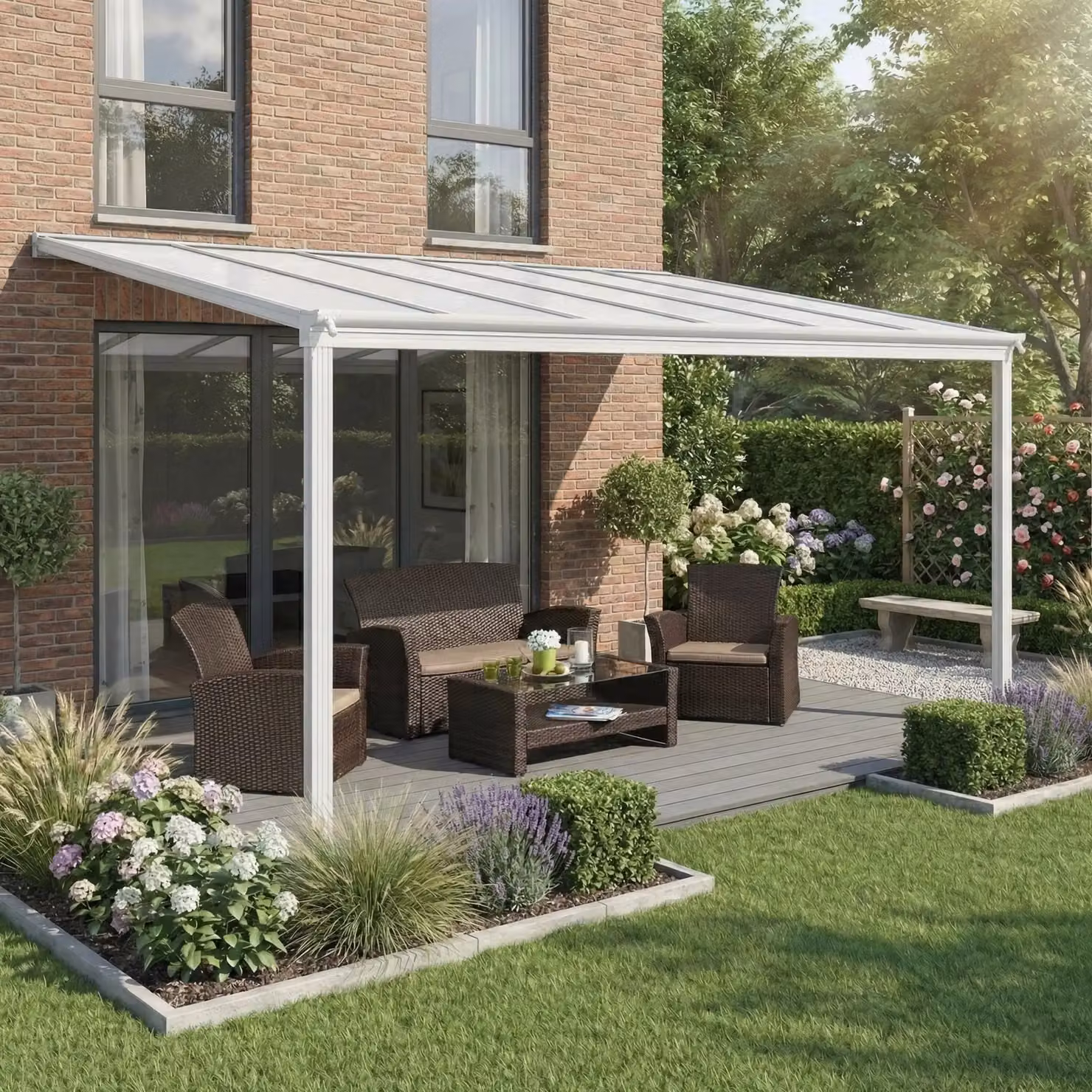 Primrose Living White Lean-to Garden Veranda Canopy Pergola with Polycarbonate Roof, W: 434 cm, D: 300 cm, H: 258 cm – 3