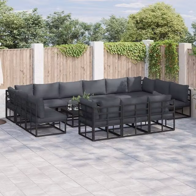 Berkfield Home 14-piece Modern Garden Sofa Set in Black with Powder Coated Aluminium Frame and UV-Resistant Polyester Cushions, W/D/H: 70 x 70 x 32 cm