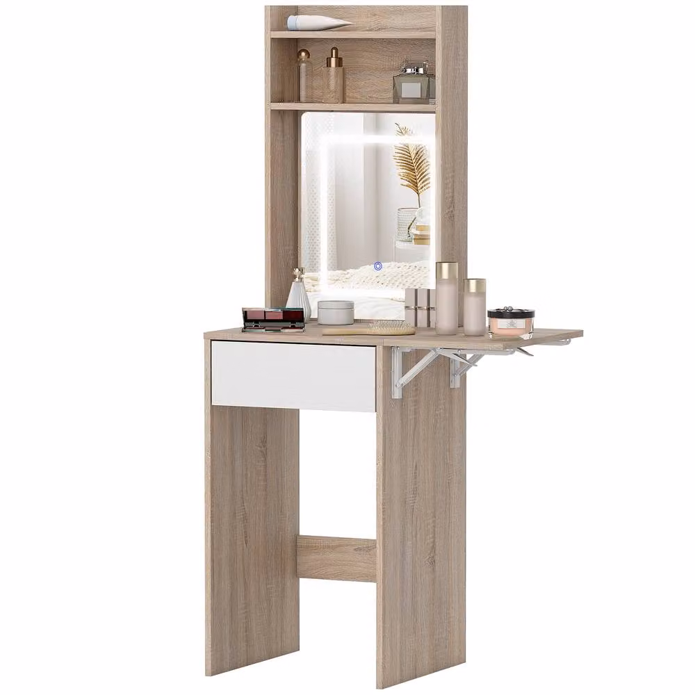 STILVORA Dressing Table with LED Mirror, Drop Leaf and Drawer in Beige – 3
