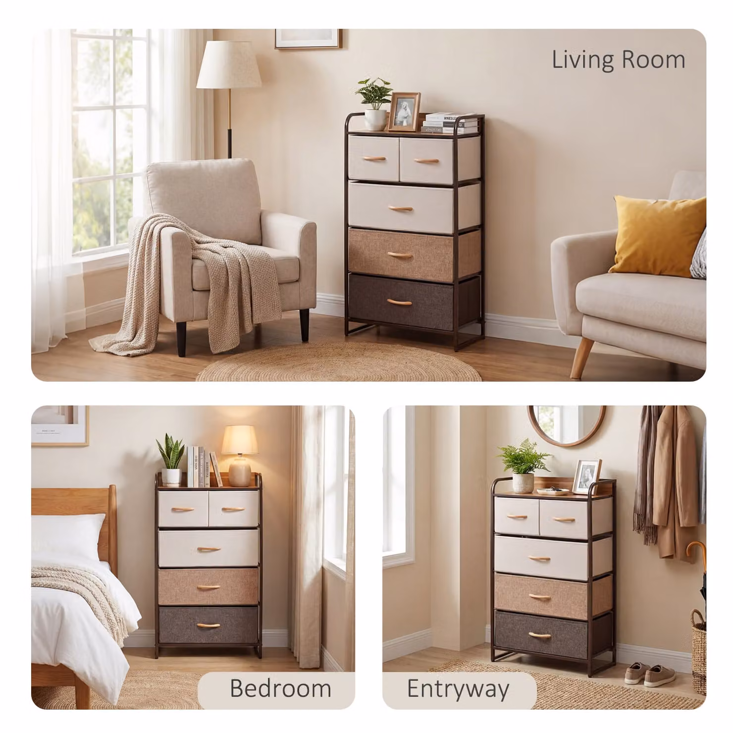 HOMCOM 5-Drawer Dresser Tower with 3-Tier Storage Organizer, Steel Frame and Wooden Top for Bedroom, Living Room or Hallway – 5