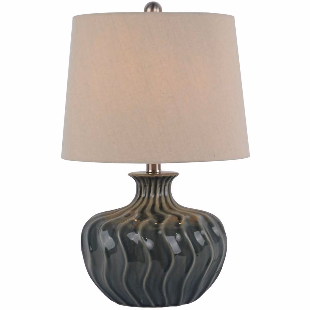 Wyld Haus Conques Ribbed Ceramic Table Lamp with Black Base and Beige Fabric Shade, H 51.0 cm x W 33.0 cm x D 33.0 cm – 2