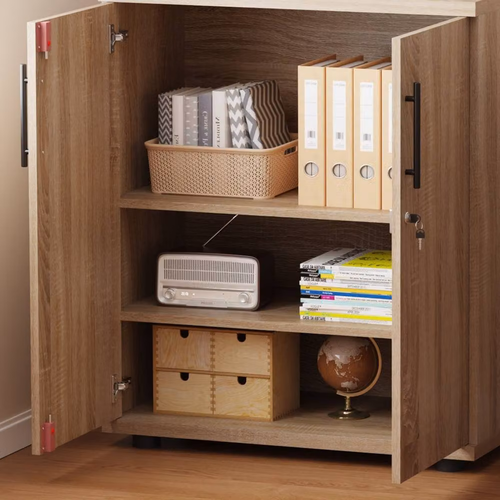 MMT Furniture Designs Ltd 2 Door Locking Office Storage Cabinet in Brown Oak with Adjustable Internal Shelves W/D/H: 75 x 38 x 89.5 cm – 2