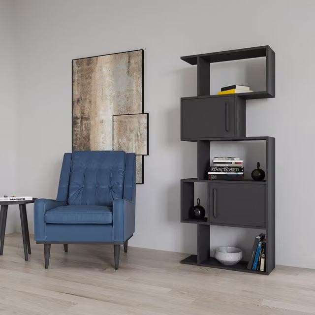 Decorotika Raven Industrial Geometric Bookcase with Cabinets, Anthracite Grey, H 173.0 x W 71.0 cm