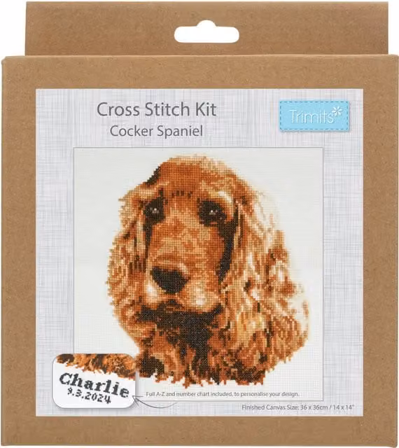 Trimits Large Cocker Spaniel Cross Stitch Kit in White and Brown with Cotton Thread